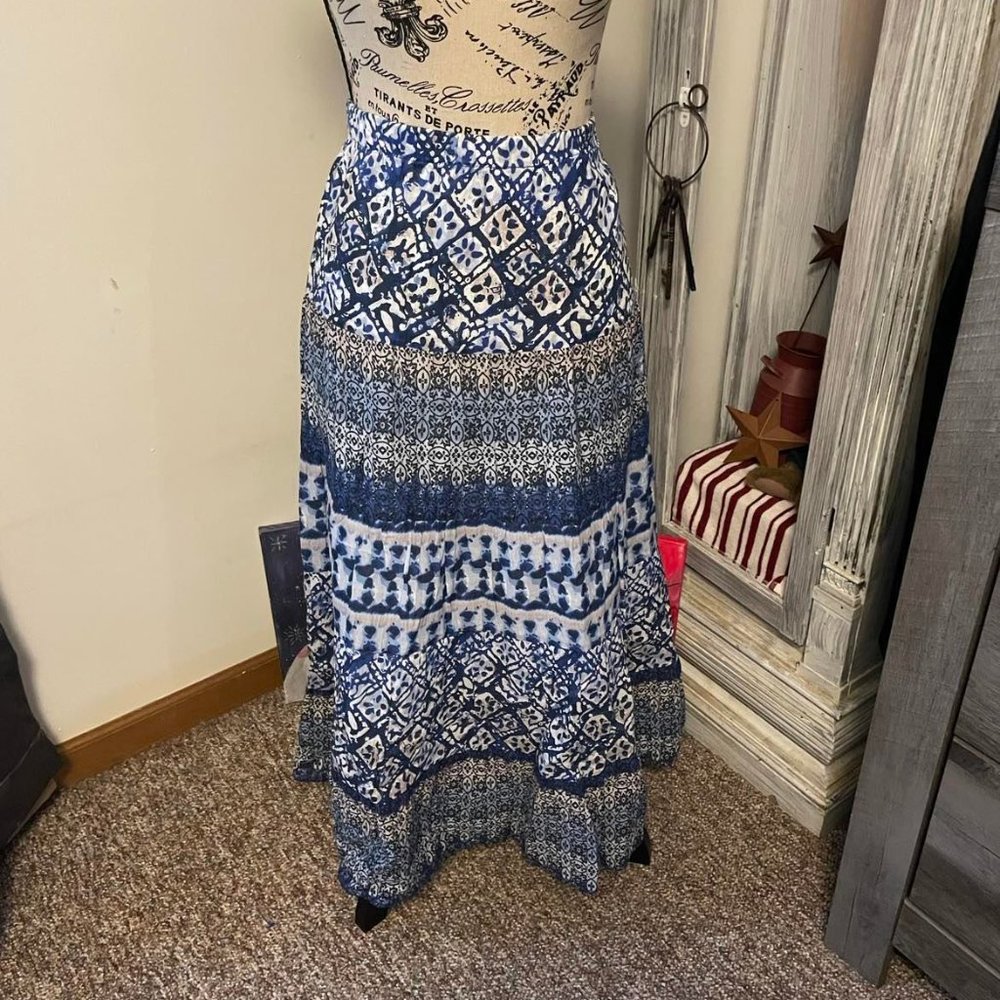 Elementz Women Long Blue Patterned Boho Skirt